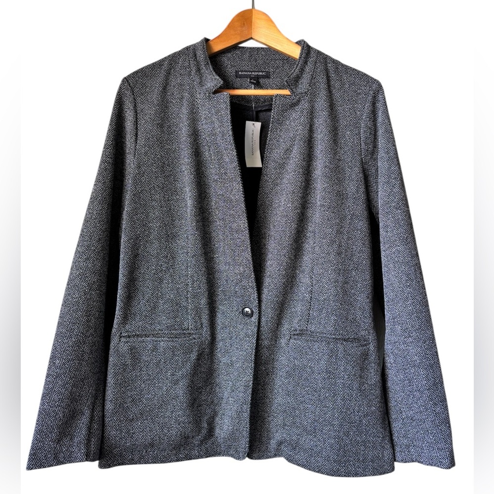 Banana Republic Factory Gray Herringbone Blazer Women’s L Collarless Jacket NWT
